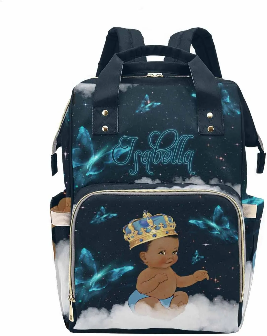 M YESCUSTOM Personalized African Men Diaper Bag with Blue Butterfly Custom Nylon Name Mommy Nursing Backpack Nappy Daypack with Large Capacity for Travel Holiday Gift for Women