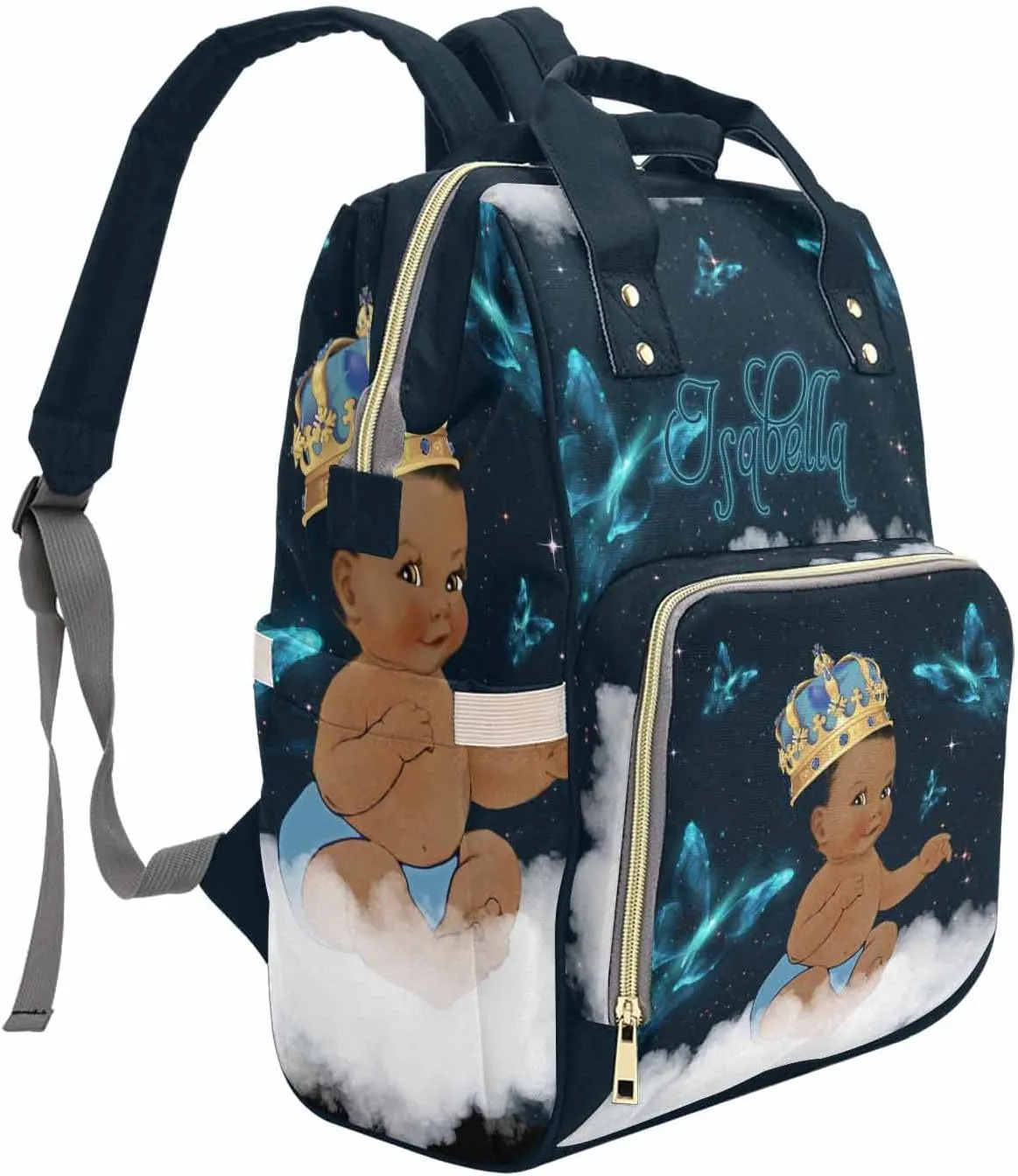 M YESCUSTOM Personalized African Men Diaper Bag with Blue Butterfly Custom Nylon Name Mommy Nursing Backpack Nappy Daypack with Large Capacity for Travel Holiday Gift for Women