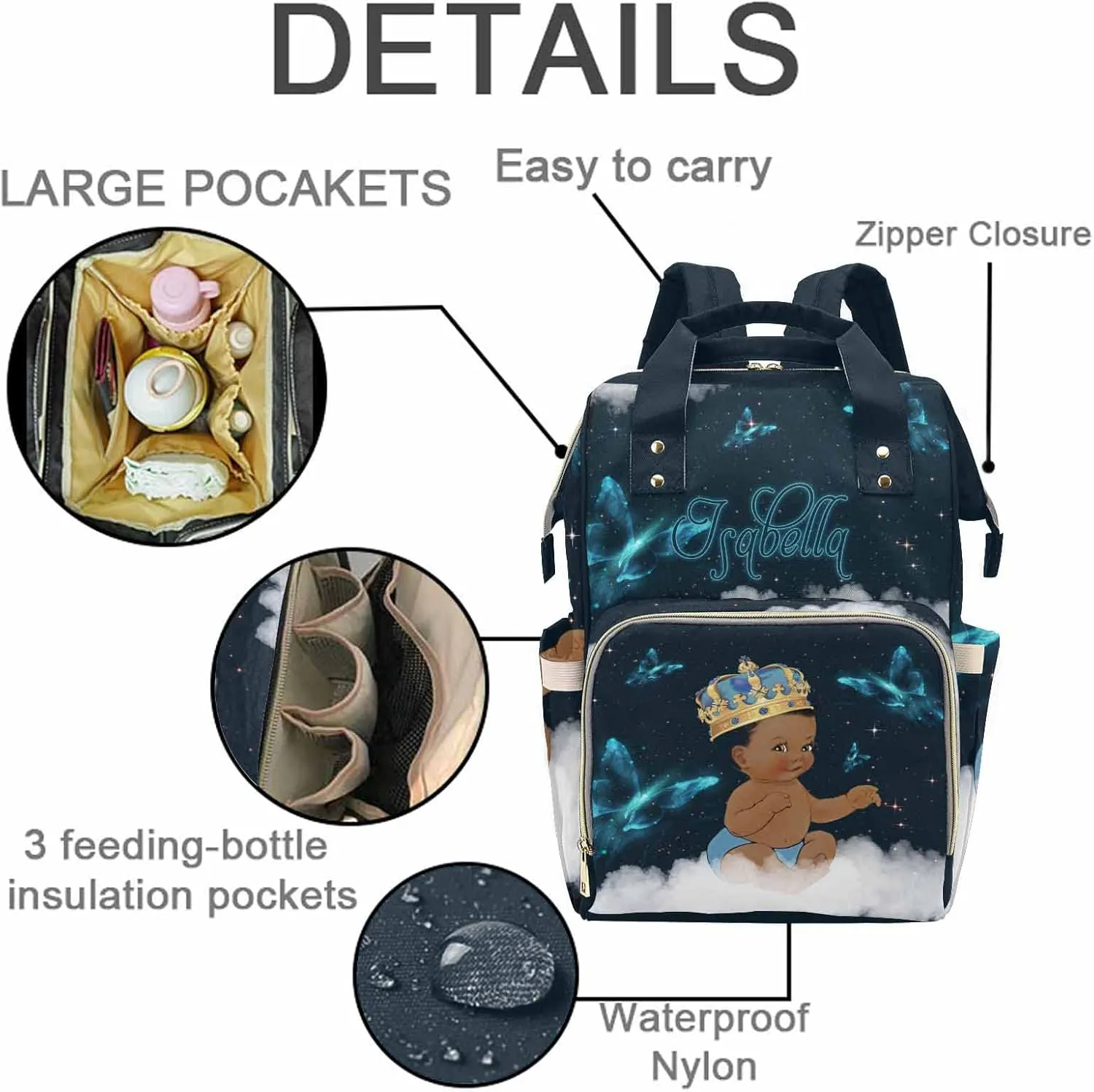 M YESCUSTOM Personalized African Men Diaper Bag with Blue Butterfly Custom Nylon Name Mommy Nursing Backpack Nappy Daypack with Large Capacity for Travel Holiday Gift for Women