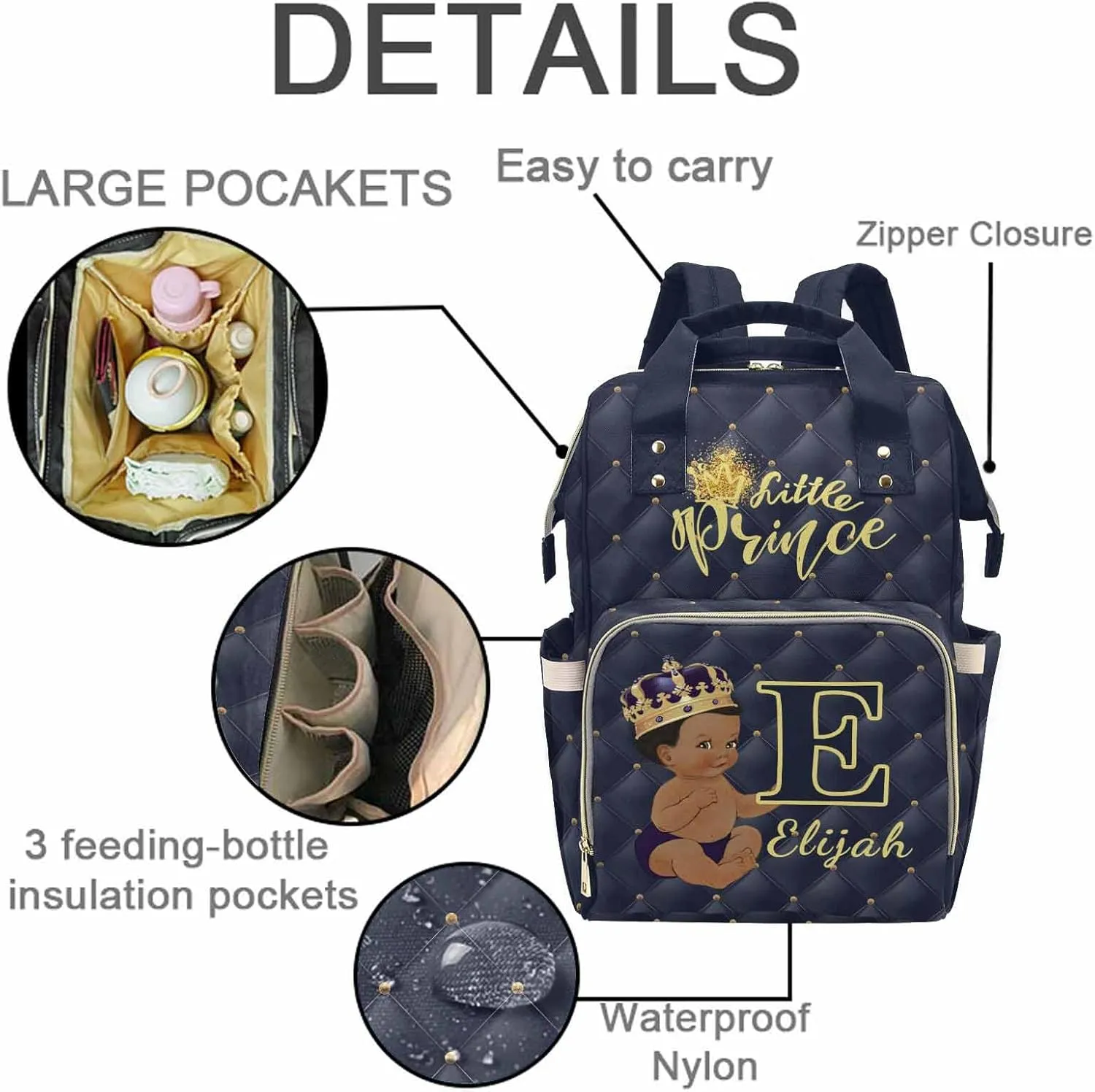 M YESCUSTOM Personalized Diaper Bag for Boys Baby, Large Capacity Custom Blue Crown Diaper Bag with Name, Waterproof Boys Baby Bag Backpack with Adjustable Shoulder Straps Nappy Bag