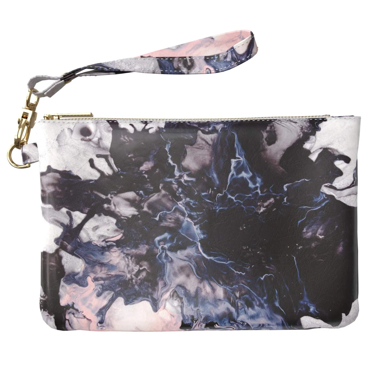 Makeup Bag 9.5 x 6 inch Blue Storage Cosmetic Abstract Art Black Purse Pouch Splash Present Paint Strap Accessories Ink Portable Organizer Design Print PU Leather Toiletry Zipper Travel Case