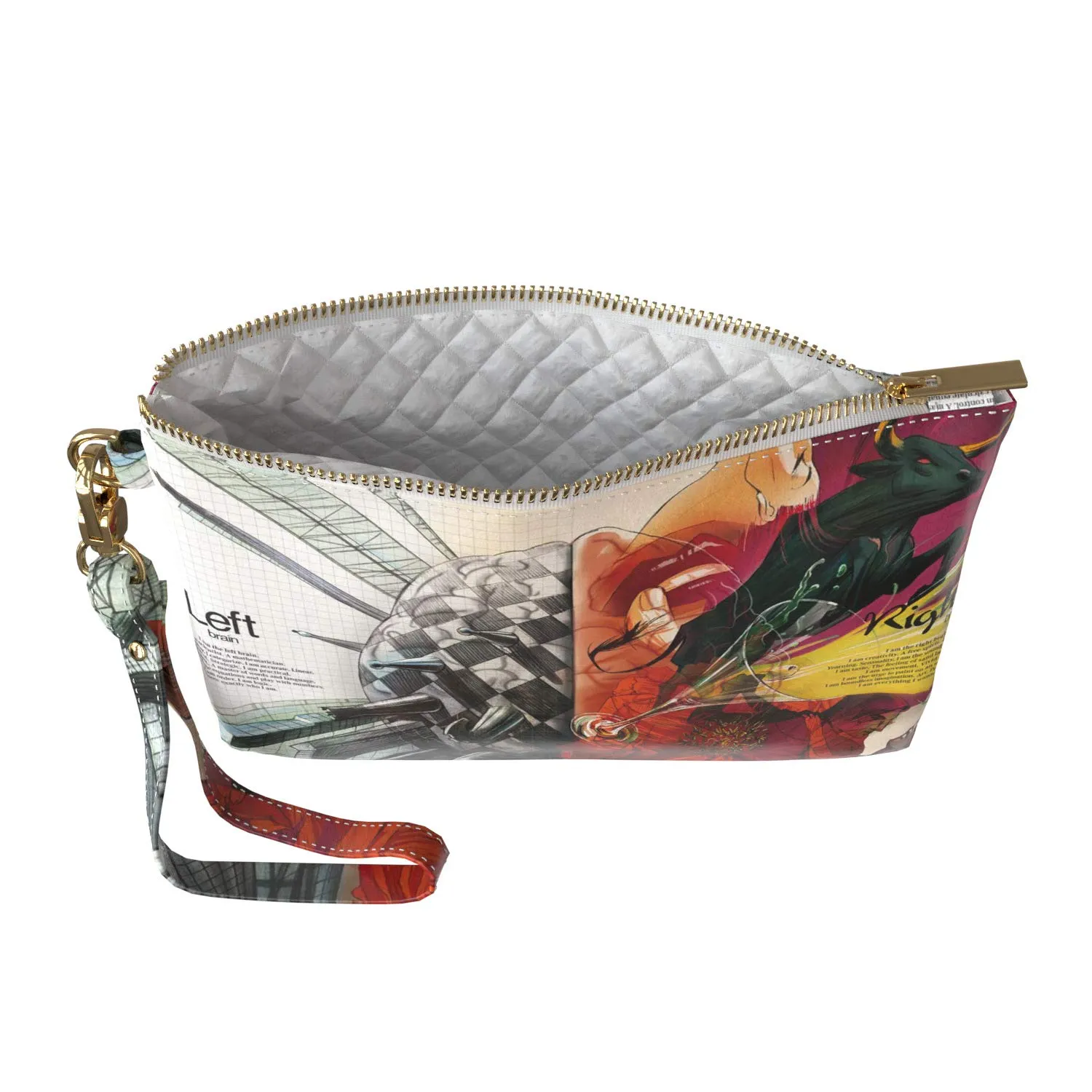 Makeup Bag 9.5 x 6 inch Left Cosmetic Right Men Strap Accessories Storage Red Print PU Leather Toiletry Zipper Travel Case Hemispheres Art Unique Purse Pouch Brain Portable Organizer Design