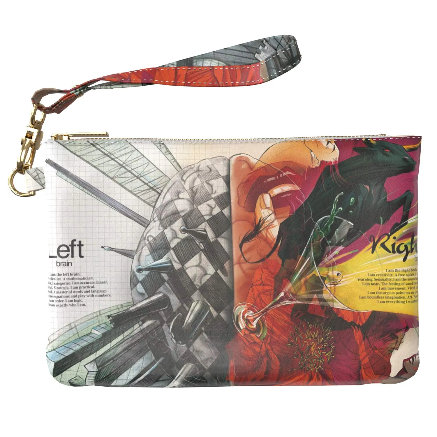 Makeup Bag 9.5 x 6 inch Left Cosmetic Right Men Strap Accessories Storage Red Print PU Leather Toiletry Zipper Travel Case Hemispheres Art Unique Purse Pouch Brain Portable Organizer Design