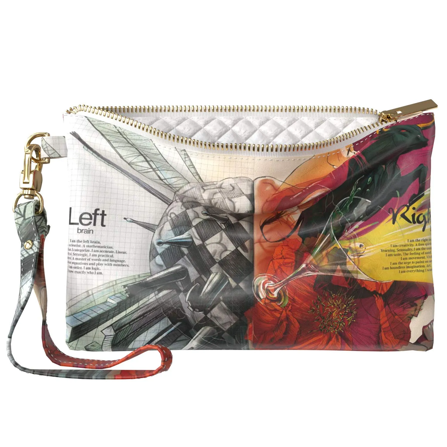 Makeup Bag 9.5 x 6 inch Left Cosmetic Right Men Strap Accessories Storage Red Print PU Leather Toiletry Zipper Travel Case Hemispheres Art Unique Purse Pouch Brain Portable Organizer Design