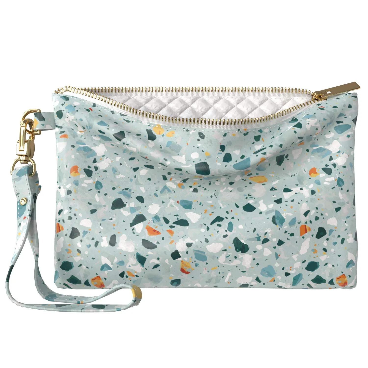 Makeup Bag 9.5 x 6 inch Mosaic Floor Granite Cosmetic Strap Accessories Terrazzo Storage Venetian Tiles Glam Print PU Leather Toiletry Zipper Travel Case Portable Organizer Design Purse Pouch