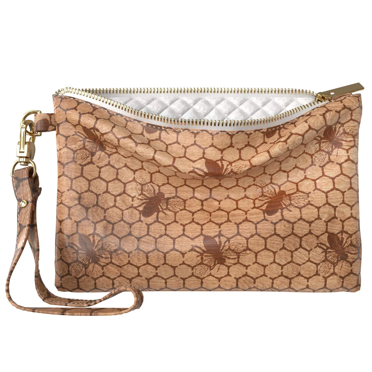 Makeup Bag 9.5 x 6 inch Pattern New Cosmetic Strap Accessories Honeycomb Purse Pouch Geometric Wooden Bee Print PU Leather Toiletry Zipper Travel Case Storage Natural Portable Organizer Design