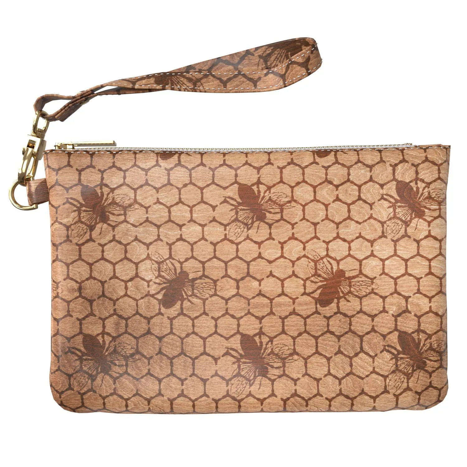 Makeup Bag 9.5 x 6 inch Pattern New Cosmetic Strap Accessories Honeycomb Purse Pouch Geometric Wooden Bee Print PU Leather Toiletry Zipper Travel Case Storage Natural Portable Organizer Design