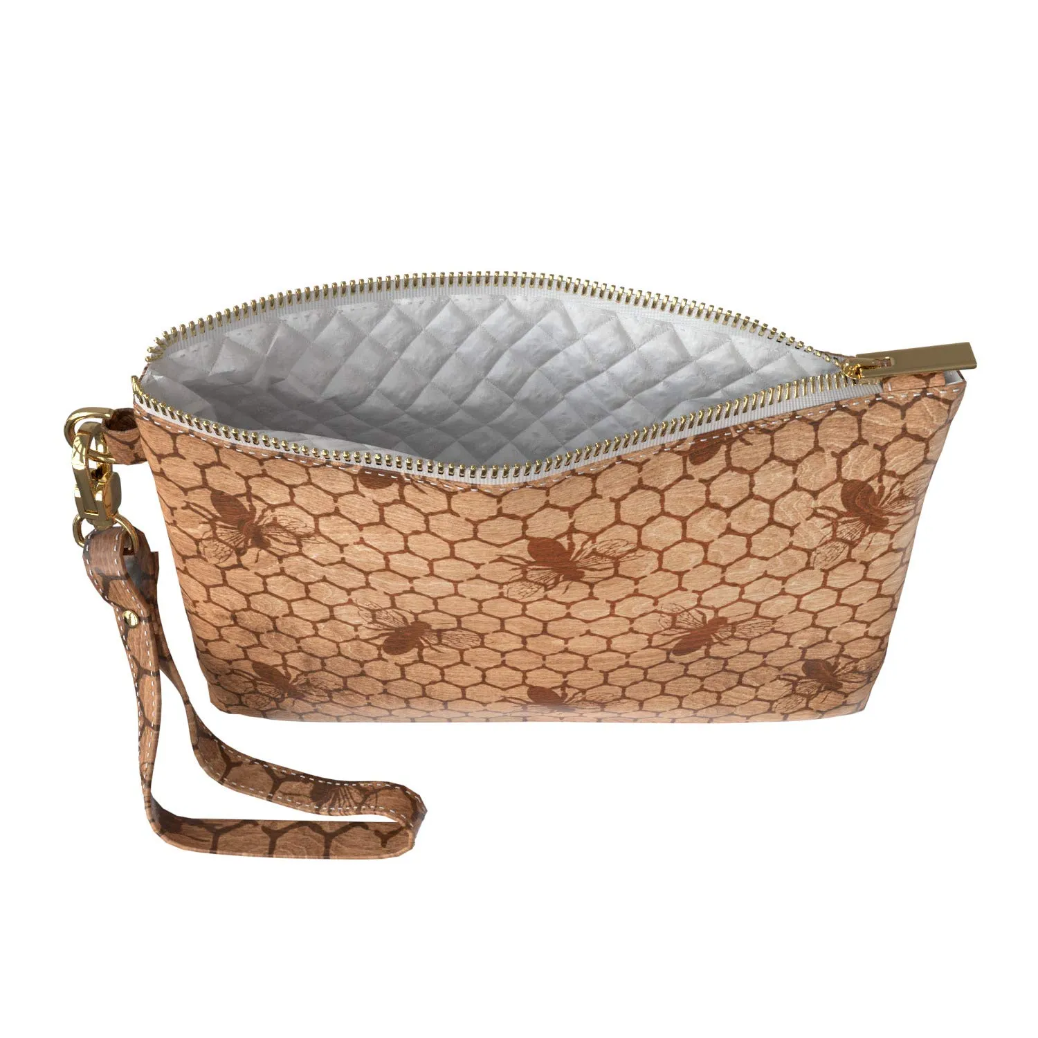Makeup Bag 9.5 x 6 inch Pattern New Cosmetic Strap Accessories Honeycomb Purse Pouch Geometric Wooden Bee Print PU Leather Toiletry Zipper Travel Case Storage Natural Portable Organizer Design