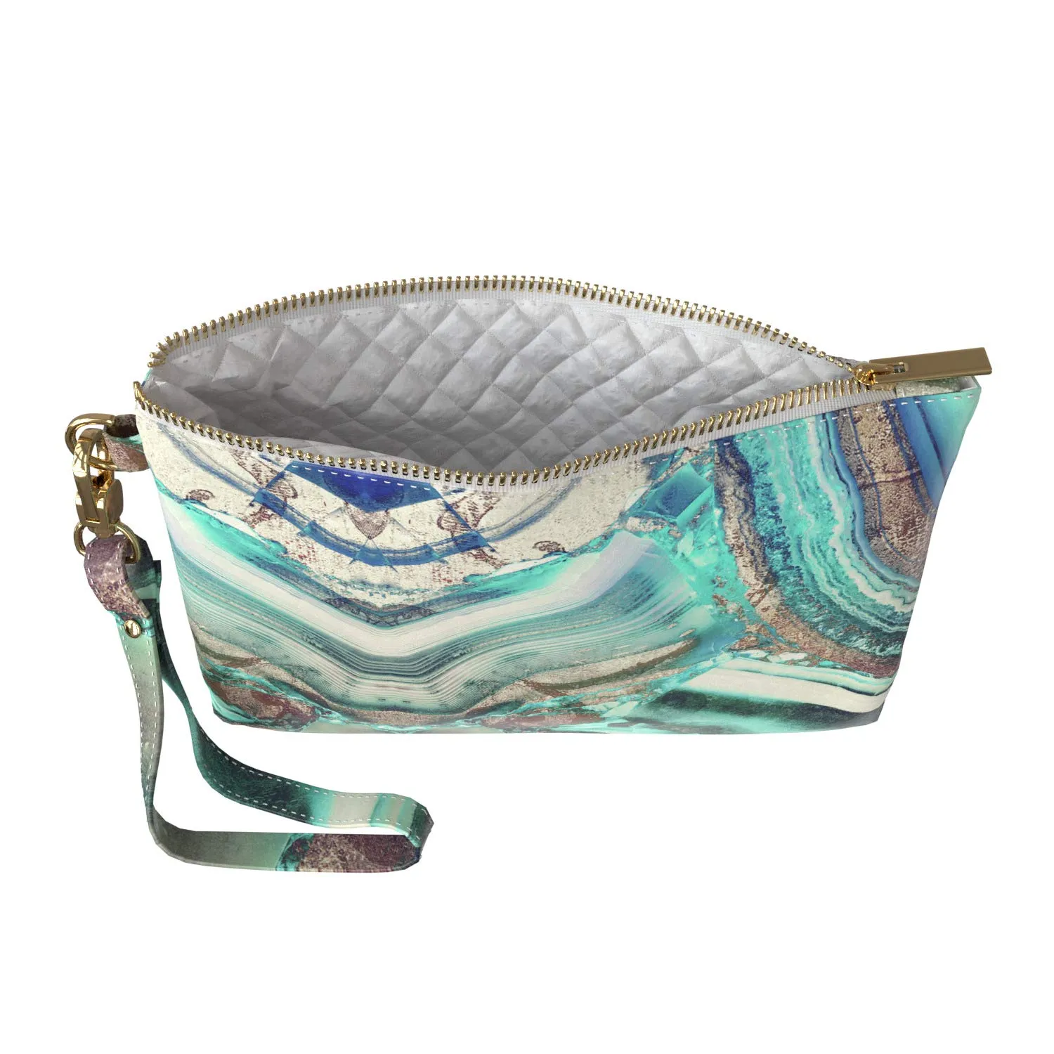 Makeup Bag 9.5 x 6 inch Portable Organizer Design Storage Trendy Cosmetic Marble Beautiful Texture Strap Accessories Agate Purse Pouch Stone Print PU Leather Toiletry Zipper Travel Case Teal