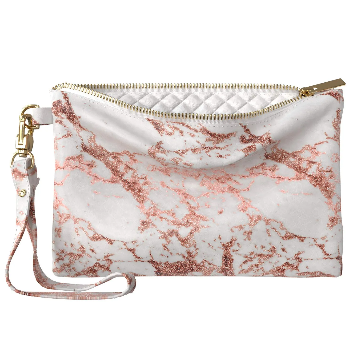 Makeup Bag 9.5 x 6 inch Strap Accessories Bronze Marble Glam Print PU Leather Toiletry Zipper Travel Case Stone Storage Purse Pouch Portable Organizer Design Abstract Cosmetic Pattern Stylish