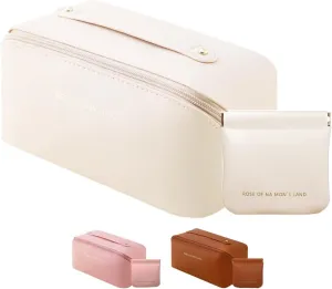 Makeup Bag Cosmetic Bag,Portable Pouch Open Flat Toiletry Bag Make up Organizer with Divider, Handle and small cosmetic bag Travel Essentials (Ivory)