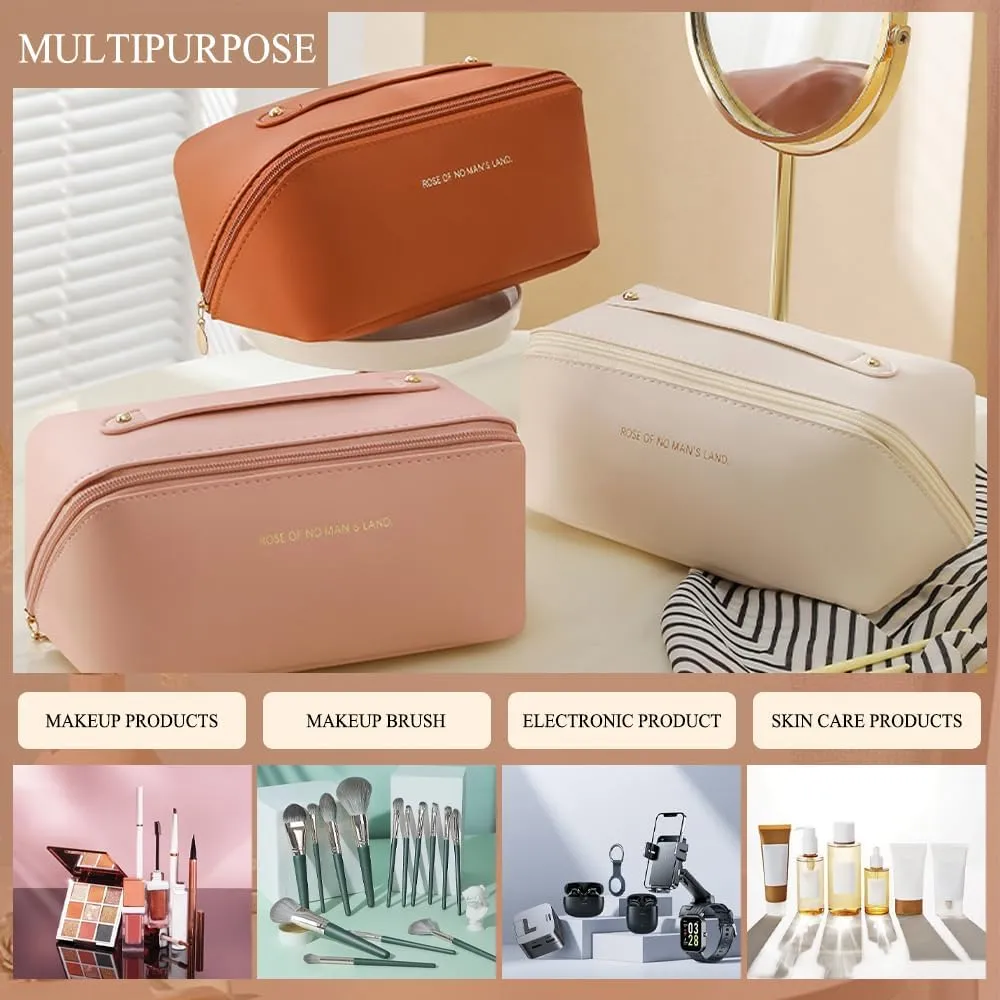 Makeup Bag Cosmetic Bag,Portable Pouch Open Flat Toiletry Bag Make up Organizer with Divider, Handle and small cosmetic bag Travel Essentials (Ivory)