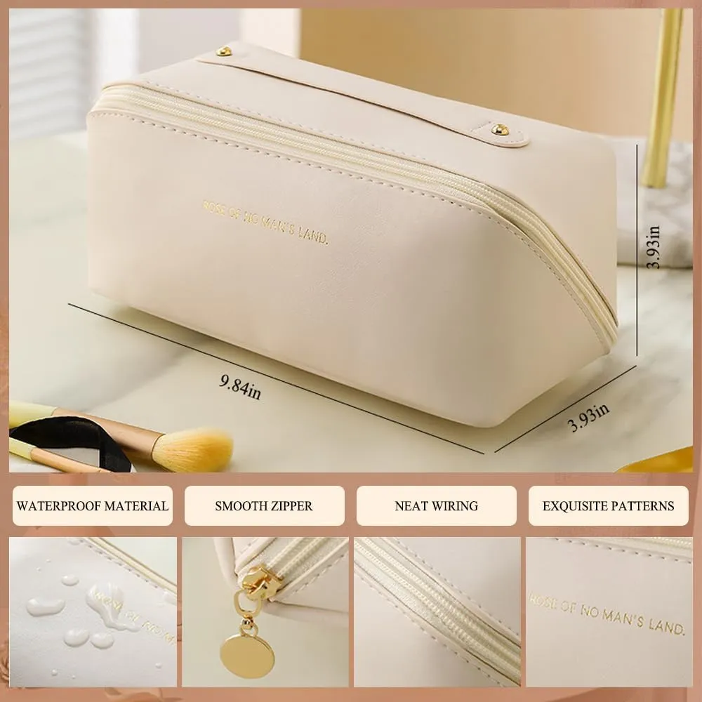 Makeup Bag Cosmetic Bag,Portable Pouch Open Flat Toiletry Bag Make up Organizer with Divider, Handle and small cosmetic bag Travel Essentials (Ivory)