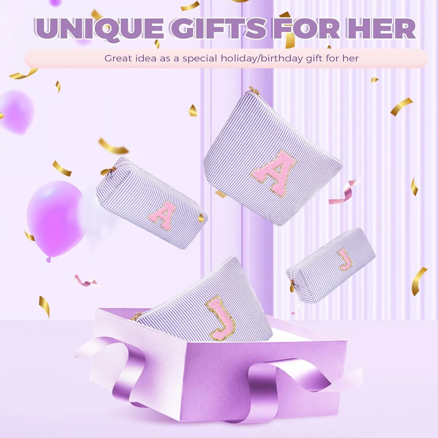Makeup Bag Set Initials Cosmetic Bag,Birthday Gifts for 10 11 12 13 14 15 16 17 18 Years Old Girl Girlfriend Teen Girls Gift Trendy Stuff Personalized Toiletry Bag Travel - Lavender,A