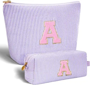 Makeup Bag Set Initials Cosmetic Bag,Birthday Gifts for 10 11 12 13 14 15 16 17 18 Years Old Girl Girlfriend Teen Girls Gift Trendy Stuff Personalized Toiletry Bag Travel - Lavender,A