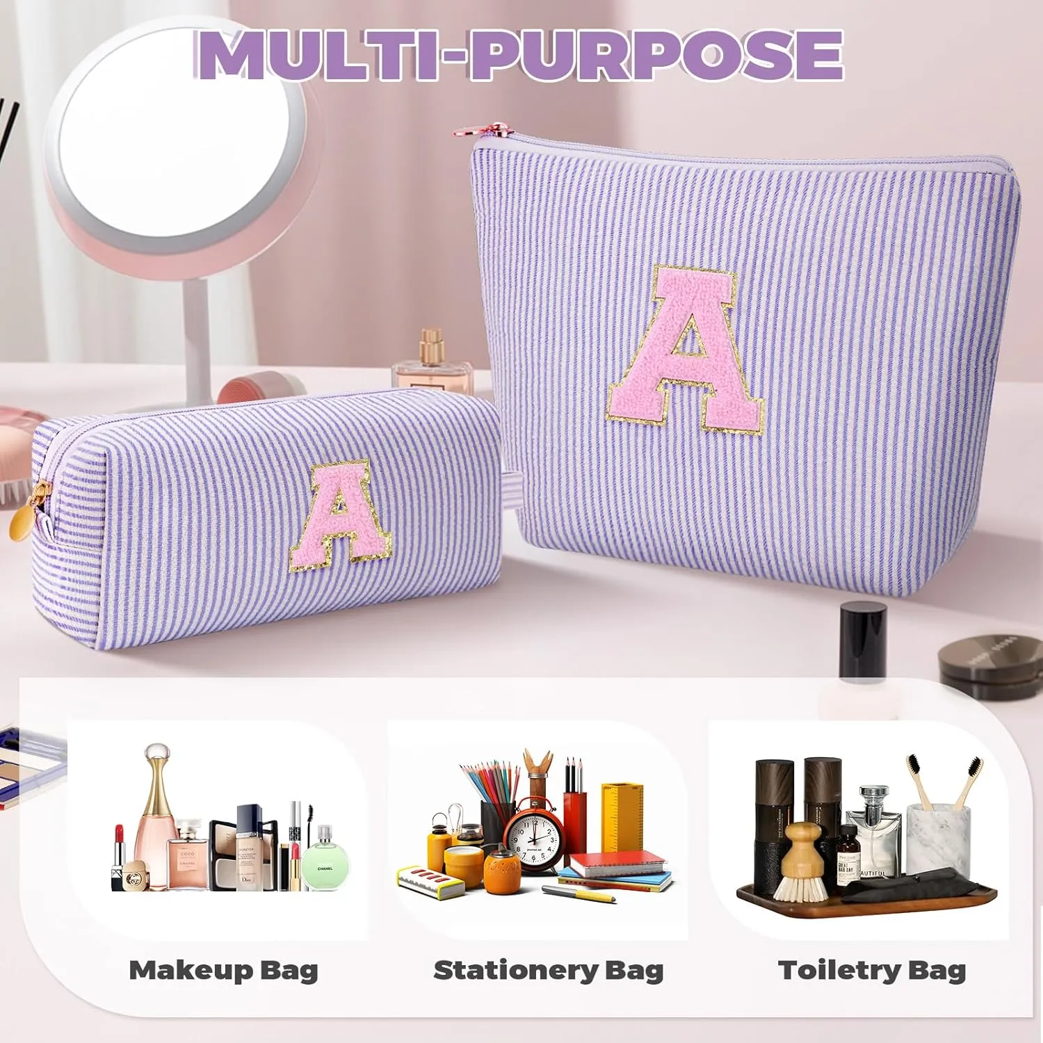 Makeup Bag Set Initials Cosmetic Bag,Birthday Gifts for 10 11 12 13 14 15 16 17 18 Years Old Girl Girlfriend Teen Girls Gift Trendy Stuff Personalized Toiletry Bag Travel - Lavender,A