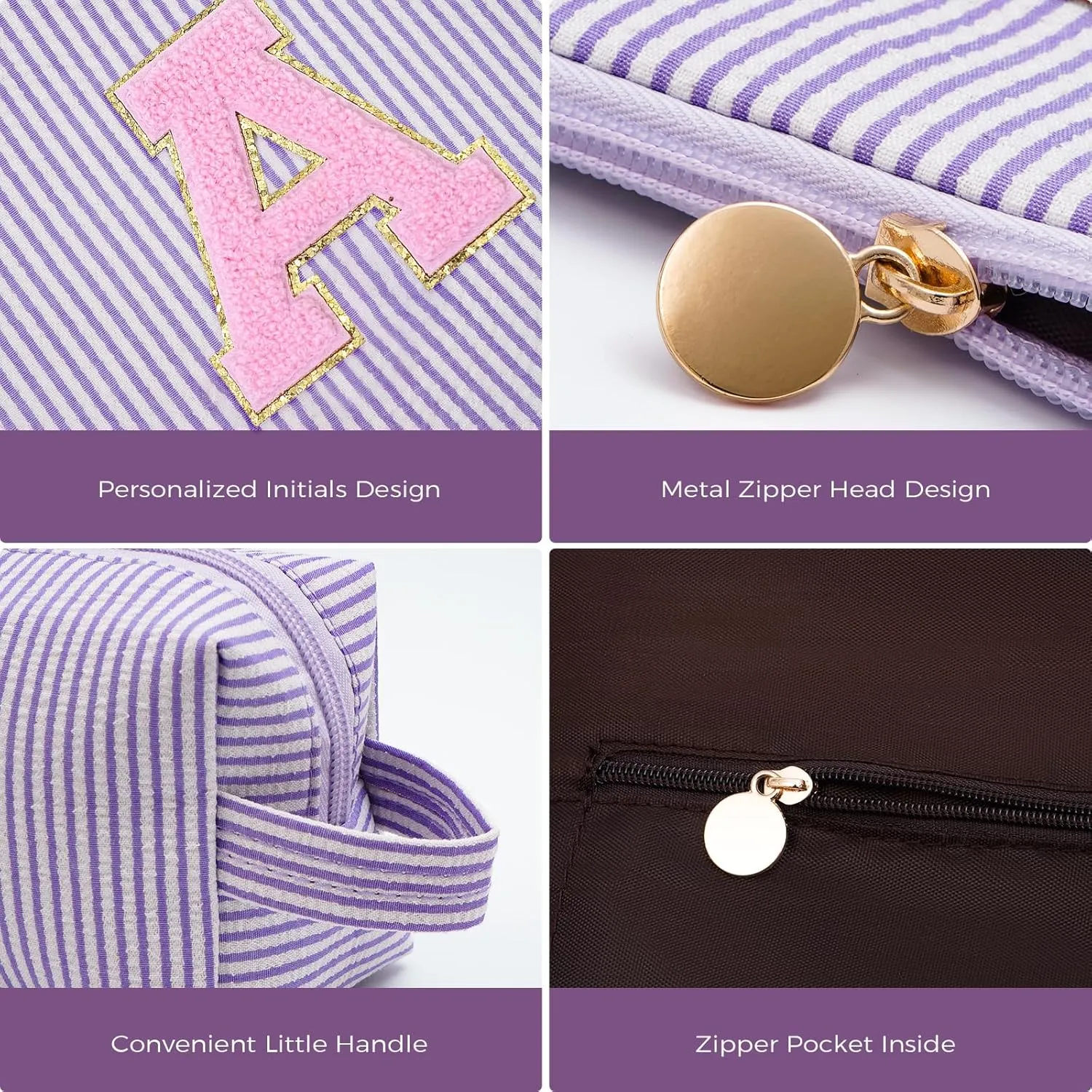 Makeup Bag Set Initials Cosmetic Bag,Birthday Gifts for 10 11 12 13 14 15 16 17 18 Years Old Girl Girlfriend Teen Girls Gift Trendy Stuff Personalized Toiletry Bag Travel - Lavender,A