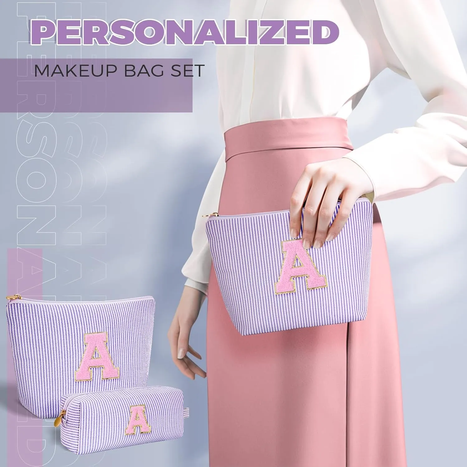 Makeup Bag Set Initials Cosmetic Bag,Birthday Gifts for 10 11 12 13 14 15 16 17 18 Years Old Girl Girlfriend Teen Girls Gift Trendy Stuff Personalized Toiletry Bag Travel - Lavender,A