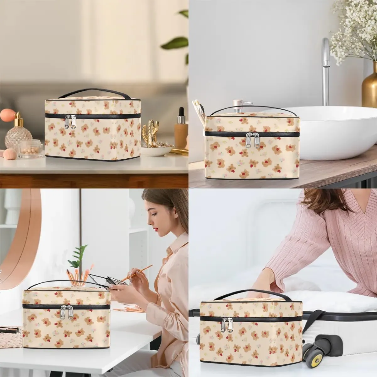 Makeup Bag,Cute Bear Flower Cosmetic Bags for Woman Girls,Portable Large Capacity Travel Makeup Case Organizer Cosmetic Case Travel Essential