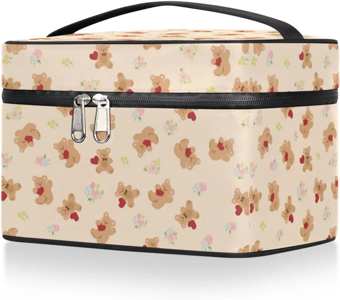 Makeup Bag,Cute Bear Flower Cosmetic Bags for Woman Girls,Portable Large Capacity Travel Makeup Case Organizer Cosmetic Case Travel Essential