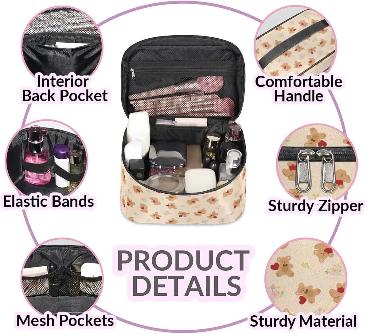 Makeup Bag,Cute Bear Flower Cosmetic Bags for Woman Girls,Portable Large Capacity Travel Makeup Case Organizer Cosmetic Case Travel Essential