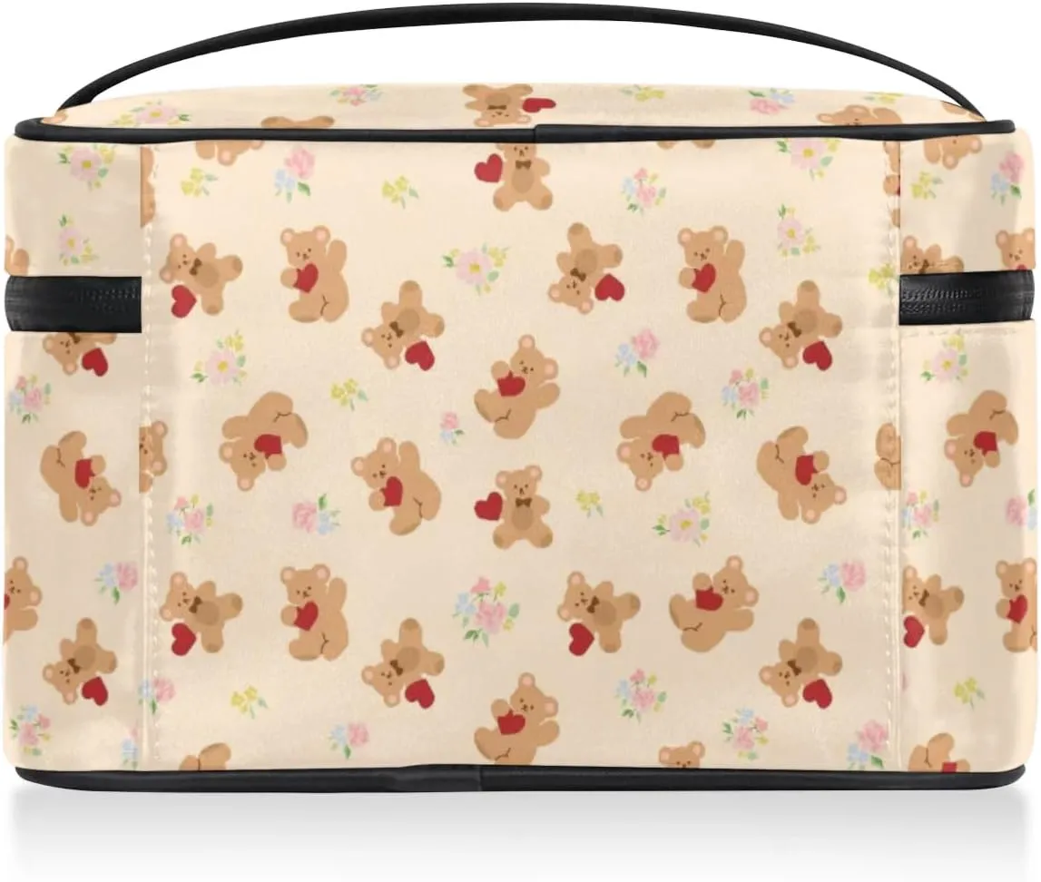 Makeup Bag,Cute Bear Flower Cosmetic Bags for Woman Girls,Portable Large Capacity Travel Makeup Case Organizer Cosmetic Case Travel Essential