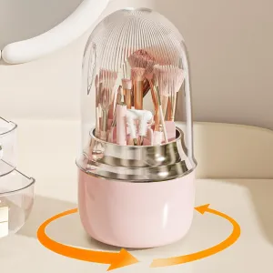 Makeup Brush Holder for Vanity - 360 Rotating Makeup Brush Organizer (Thicken Upgraded), Toothbrush Holder with Cover, Cosmetic Organizer (Pink)