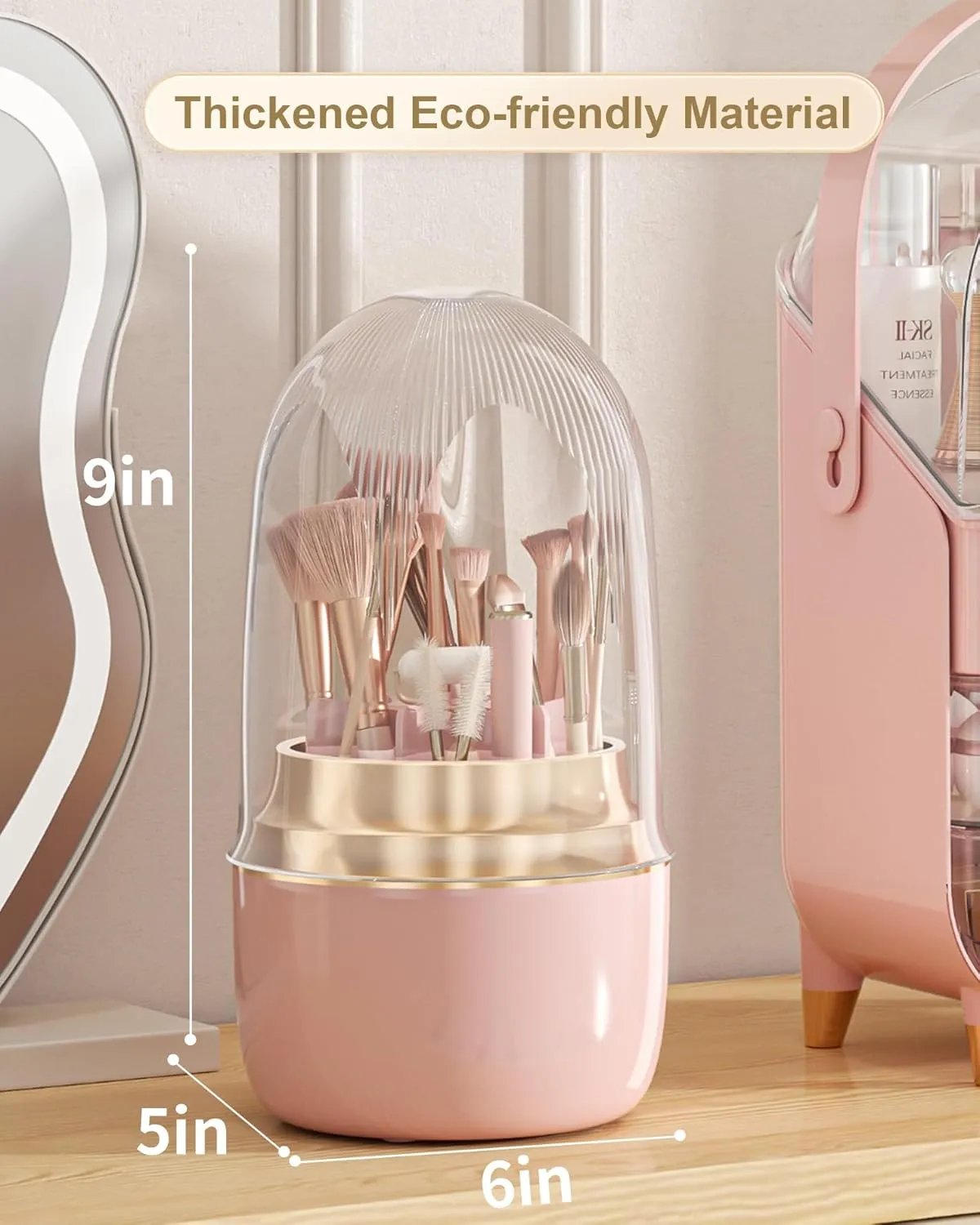 Makeup Brush Holder for Vanity - 360 Rotating Makeup Brush Organizer (Thicken Upgraded), Toothbrush Holder with Cover, Cosmetic Organizer (Pink)