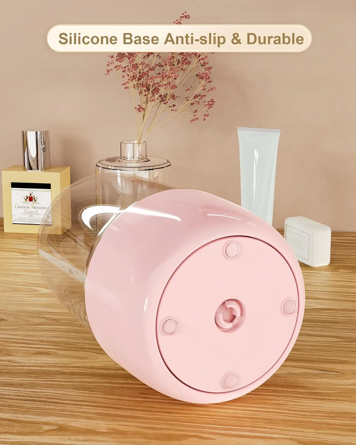 Makeup Brush Holder for Vanity - 360 Rotating Makeup Brush Organizer (Thicken Upgraded), Toothbrush Holder with Cover, Cosmetic Organizer (Pink)