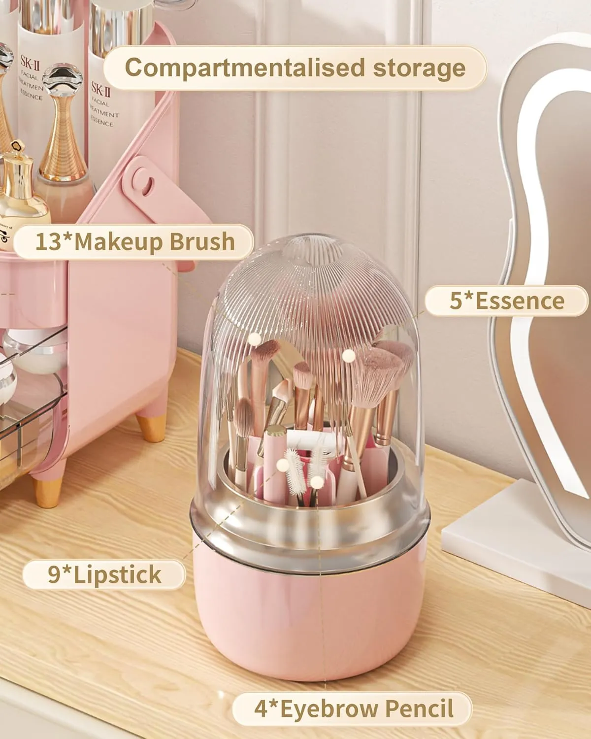 Makeup Brush Holder for Vanity - 360 Rotating Makeup Brush Organizer (Thicken Upgraded), Toothbrush Holder with Cover, Cosmetic Organizer (Pink)