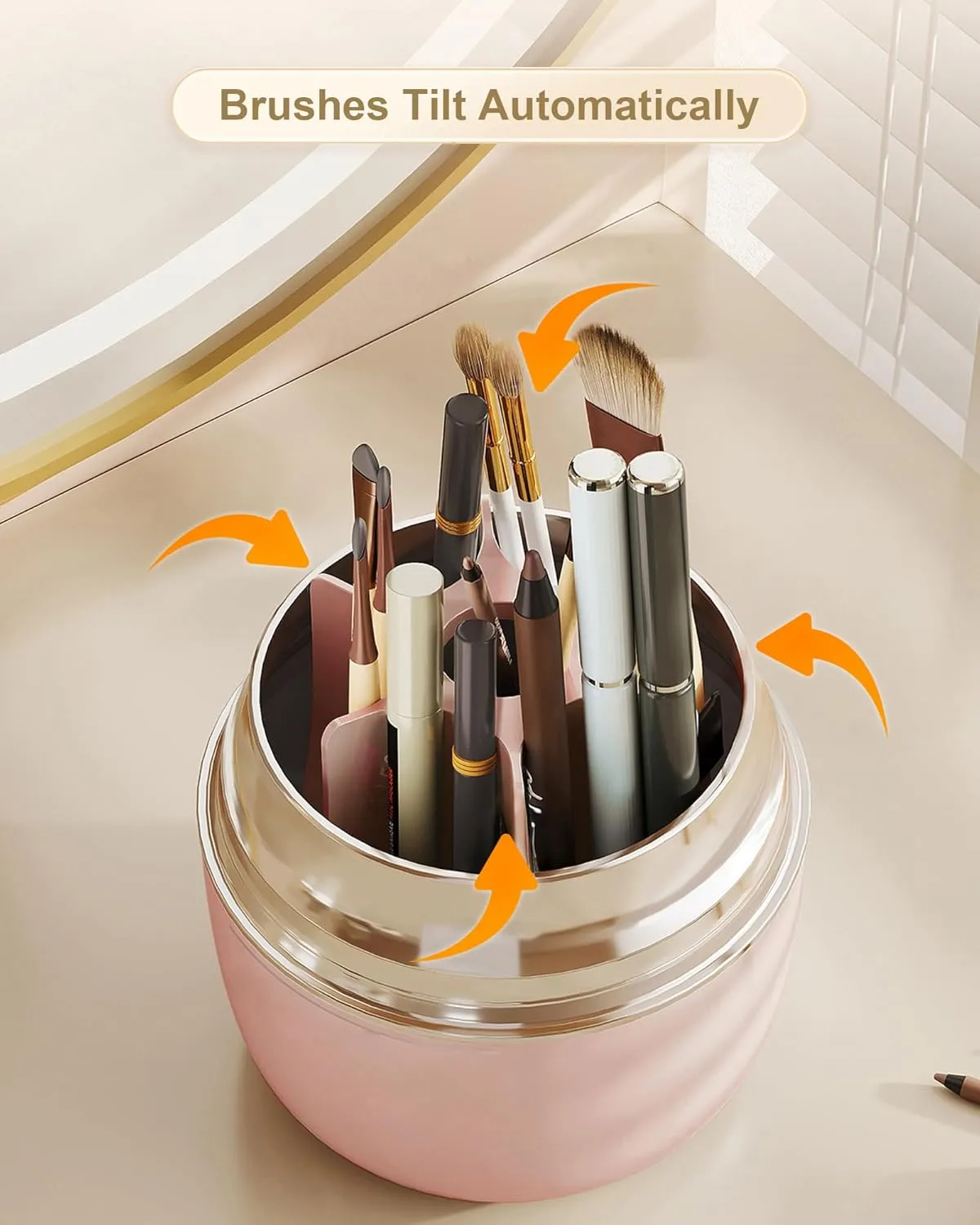 Makeup Brush Holder for Vanity - 360 Rotating Makeup Brush Organizer (Thicken Upgraded), Toothbrush Holder with Cover, Cosmetic Organizer (Pink)