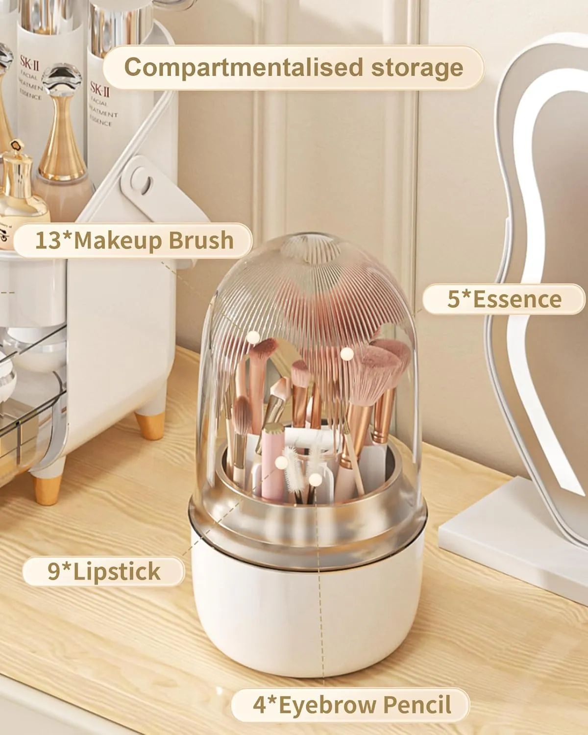 Makeup Brush Holder for Vanity - 360 Rotating Makeup Brush Organizer (Thicken Upgraded), Toothbrush Holder with Cover, Cosmetic Organizer (White)