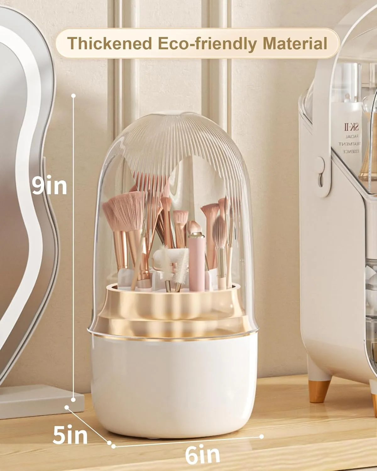 Makeup Brush Holder for Vanity - 360 Rotating Makeup Brush Organizer (Thicken Upgraded), Toothbrush Holder with Cover, Cosmetic Organizer (White)