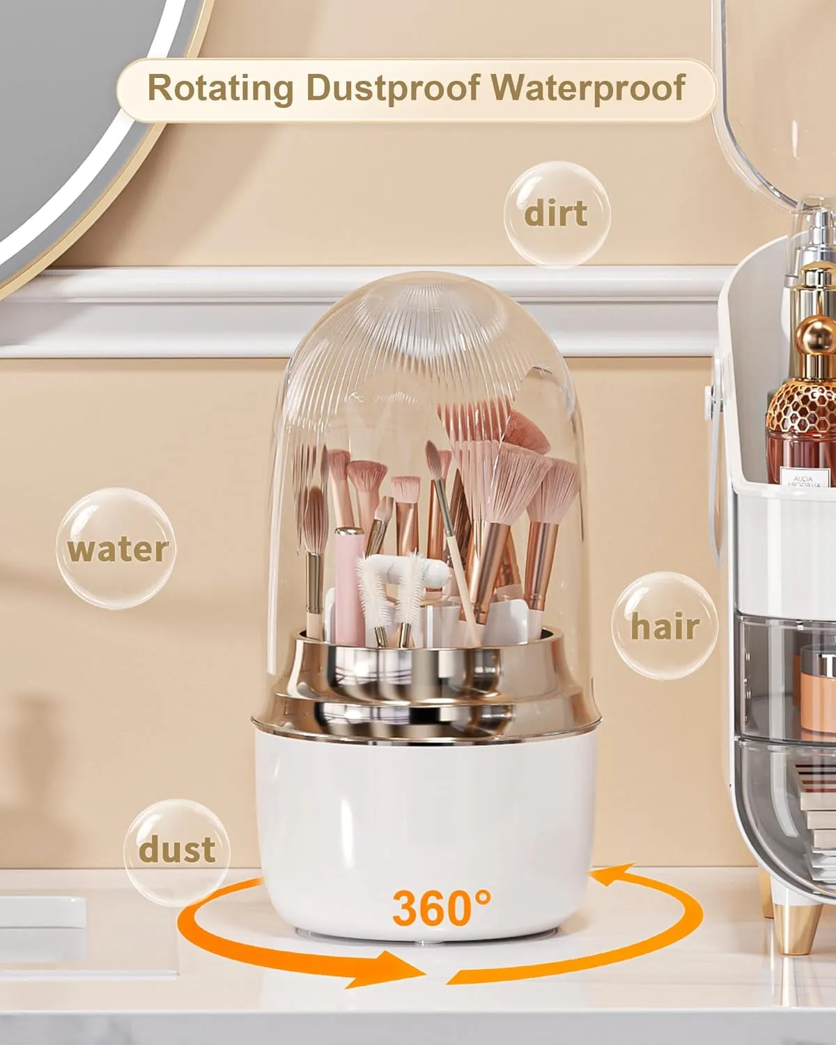 Makeup Brush Holder for Vanity - 360 Rotating Makeup Brush Organizer (Thicken Upgraded), Toothbrush Holder with Cover, Cosmetic Organizer (White)