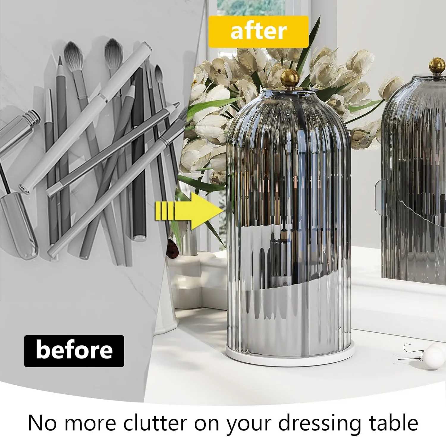 Makeup Brush Holder with Dustproof Cover 360 Rotating Makeup Brush Organizer for Vanity Bathroom, Grey