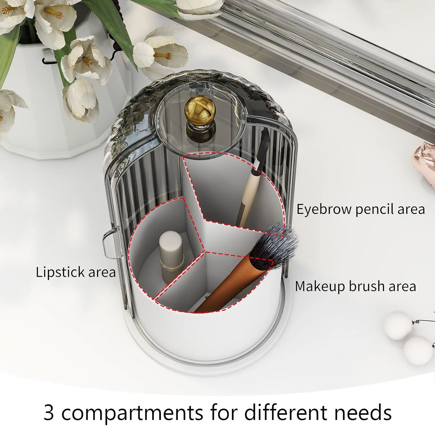 Makeup Brush Holder with Dustproof Cover 360 Rotating Makeup Brush Organizer for Vanity Bathroom, Grey