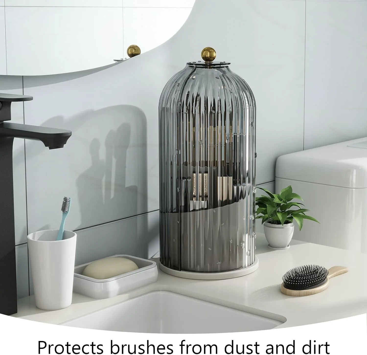 Makeup Brush Holder with Dustproof Cover 360 Rotating Makeup Brush Organizer for Vanity Bathroom, Grey