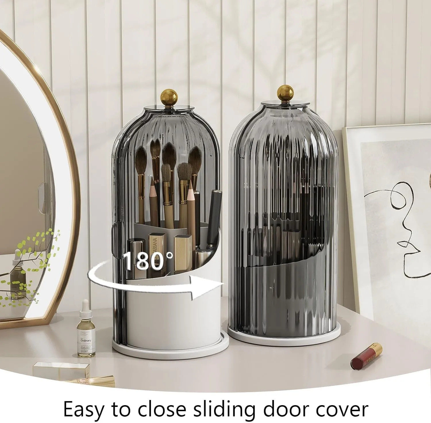 Makeup Brush Holder with Dustproof Cover 360 Rotating Makeup Brush Organizer for Vanity Bathroom, Grey