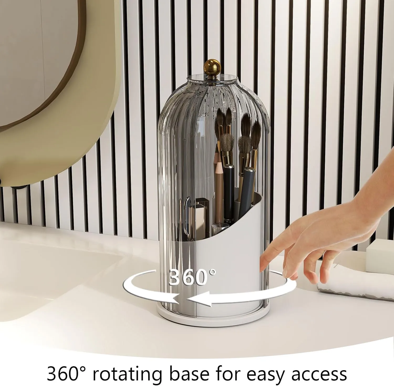 Makeup Brush Holder with Dustproof Cover 360 Rotating Makeup Brush Organizer for Vanity Bathroom, Grey