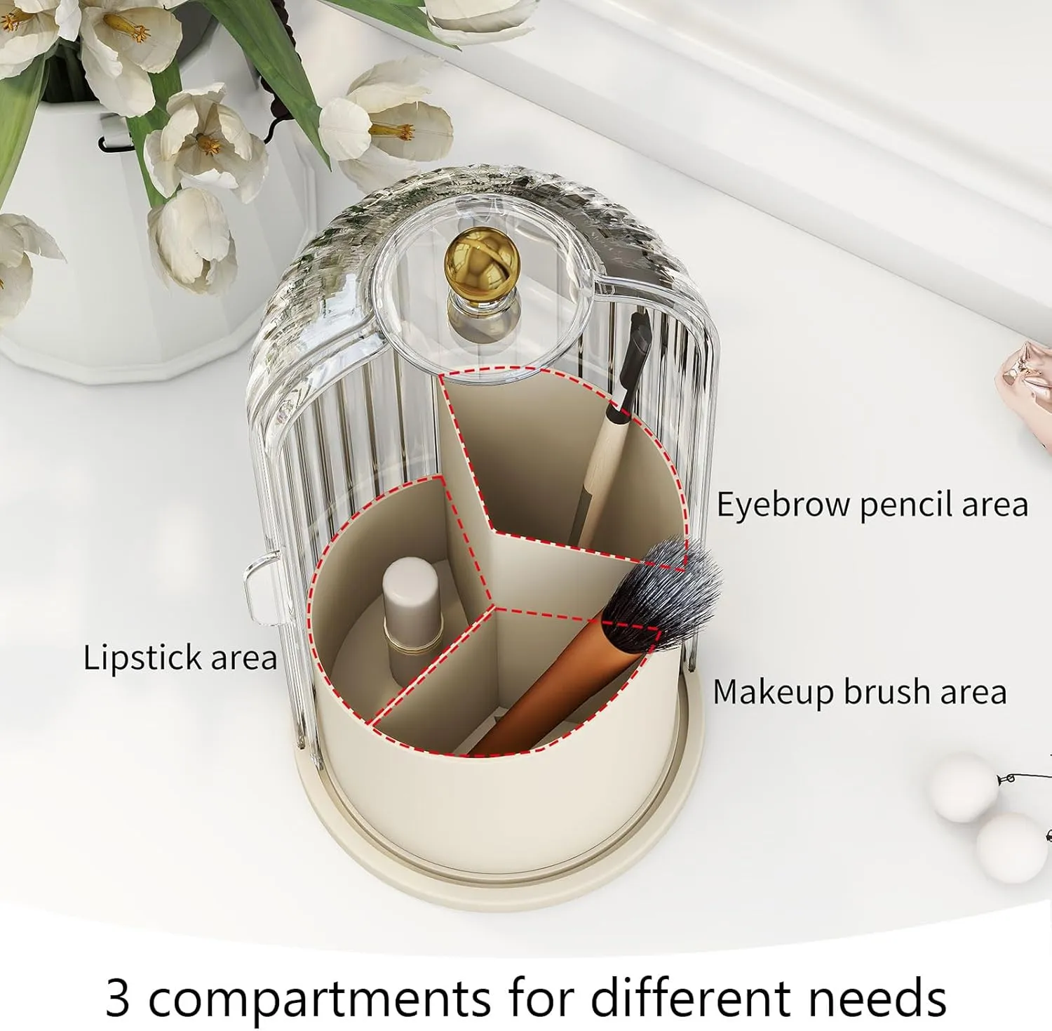 Makeup Brush Holder with Dustproof Cover 360 Rotating Makeup Brush Organizer for Vanity Bathroom, White/Beige