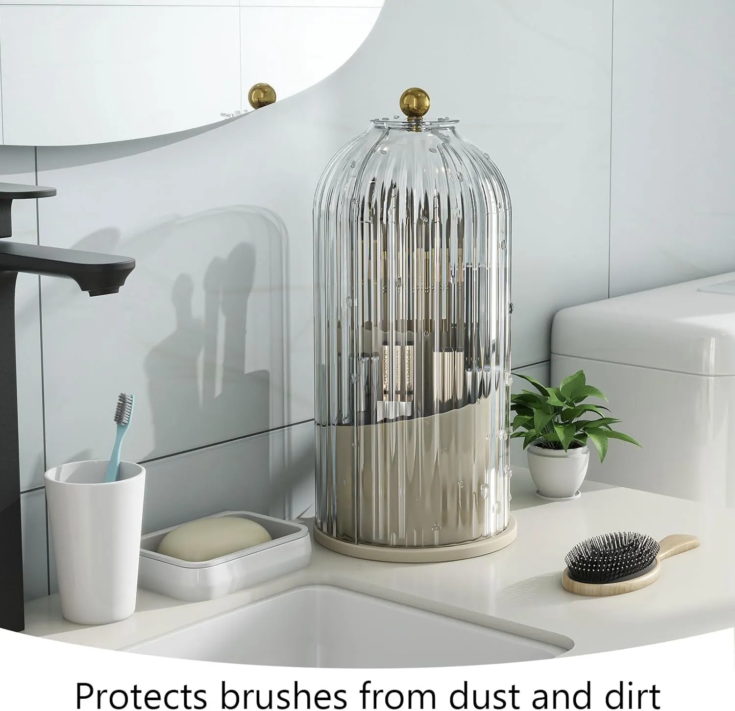 Makeup Brush Holder with Dustproof Cover 360 Rotating Makeup Brush Organizer for Vanity Bathroom, White/Beige