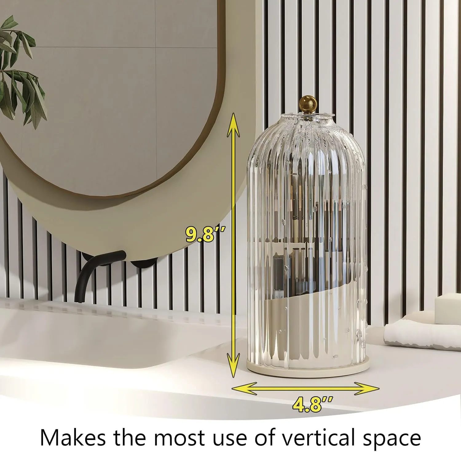 Makeup Brush Holder with Dustproof Cover 360 Rotating Makeup Brush Organizer for Vanity Bathroom, White/Beige