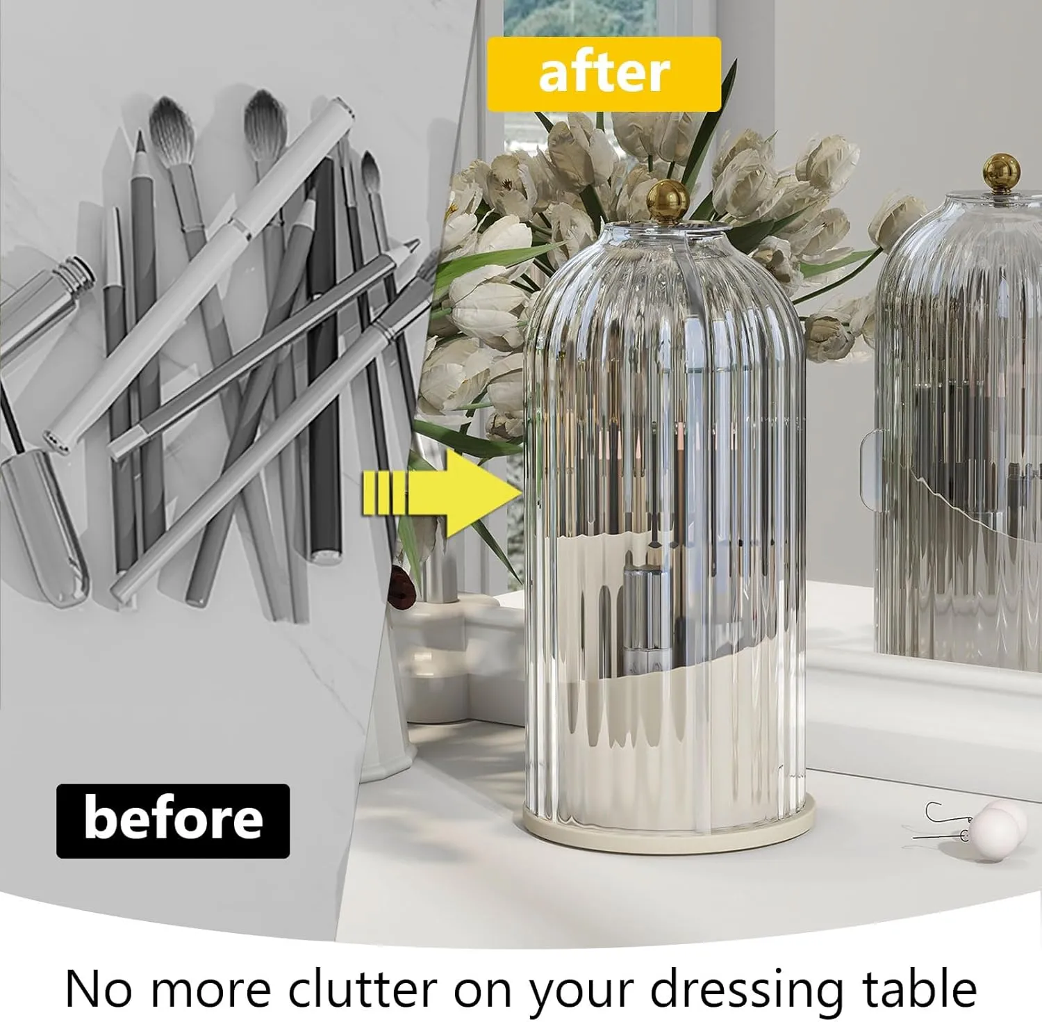 Makeup Brush Holder with Dustproof Cover 360 Rotating Makeup Brush Organizer for Vanity Bathroom, White/Beige