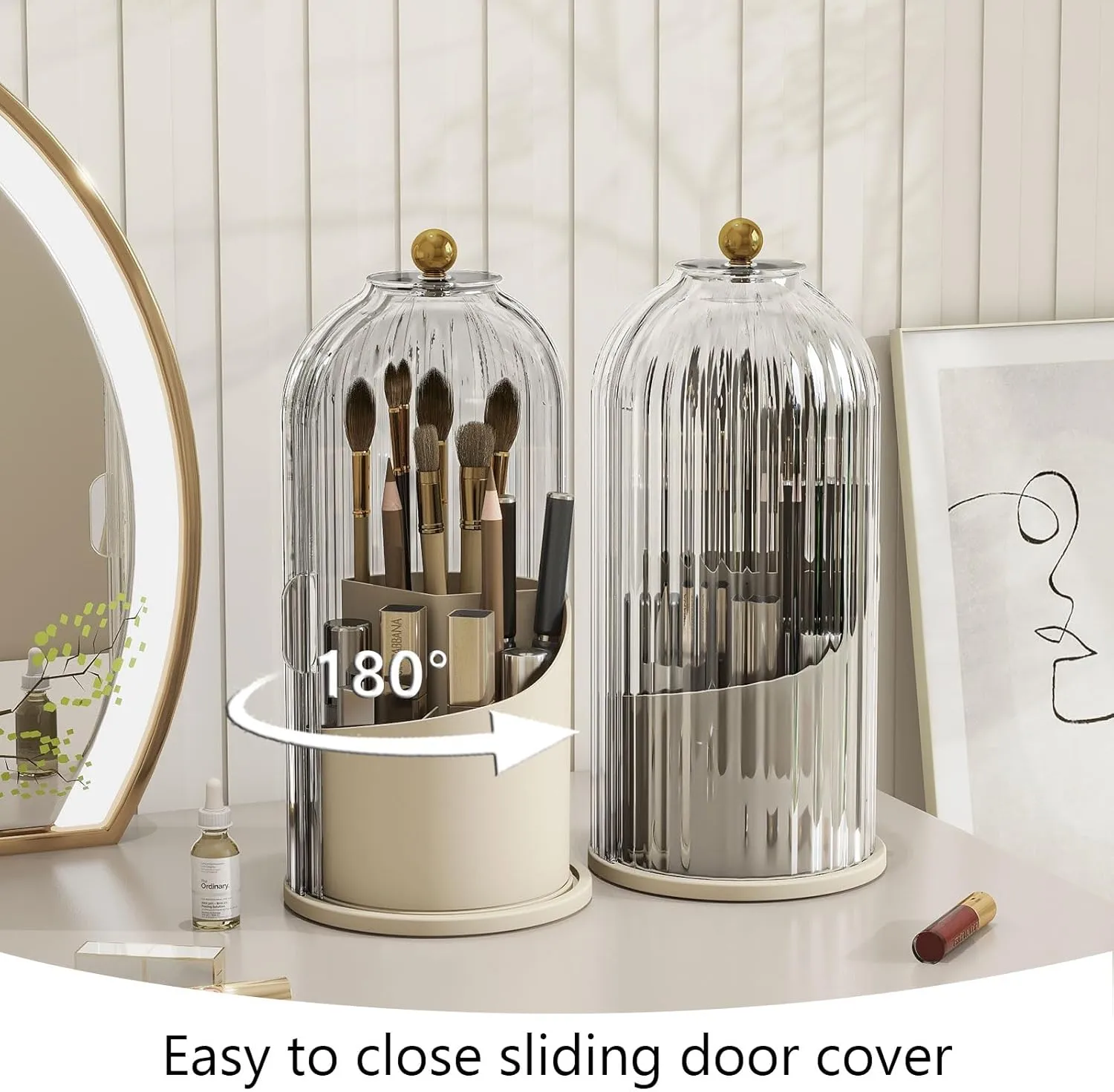 Makeup Brush Holder with Dustproof Cover 360 Rotating Makeup Brush Organizer for Vanity Bathroom, White/Beige