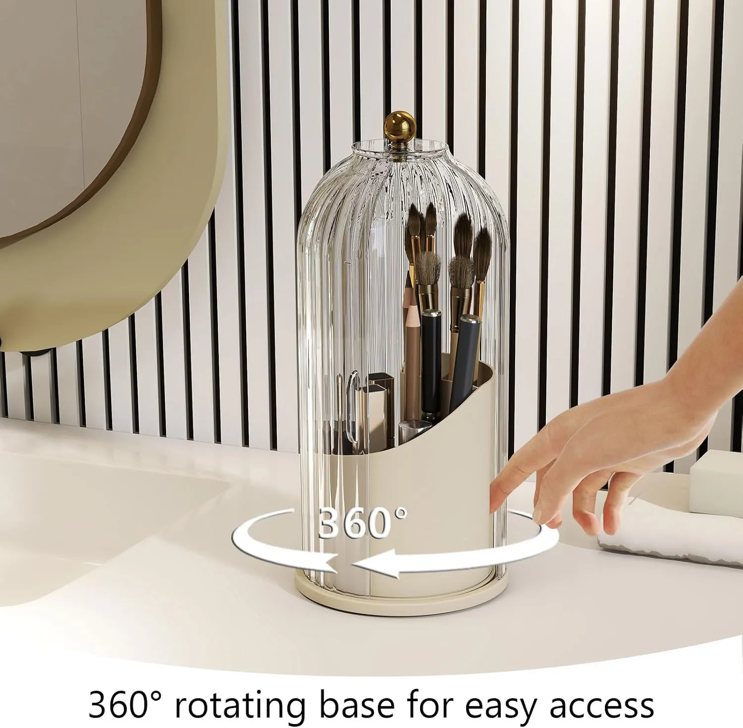 Makeup Brush Holder with Dustproof Cover 360 Rotating Makeup Brush Organizer for Vanity Bathroom, White/Beige