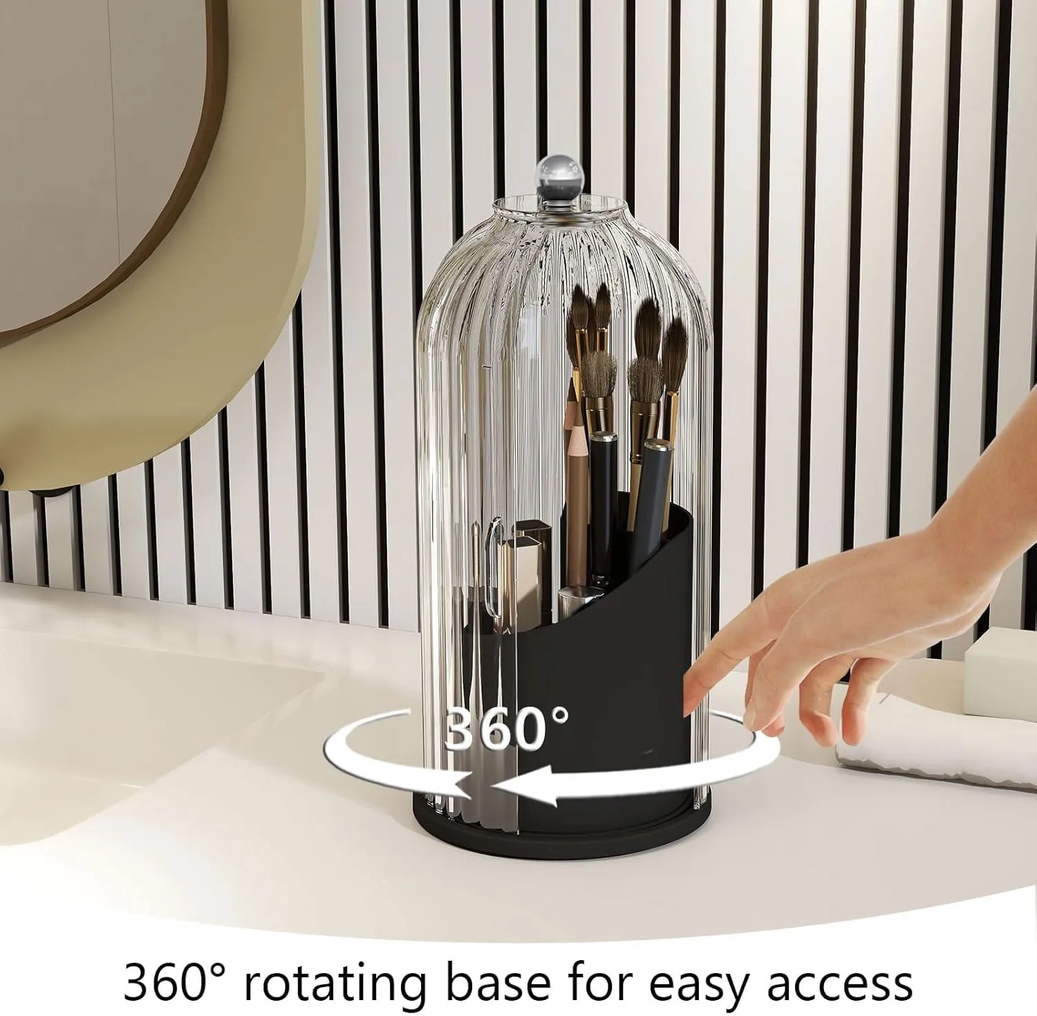 Makeup Brush Holder with Dustproof Cover 360 Rotating Makeup Brush Organizer for Vanity Bathroom, White/Black