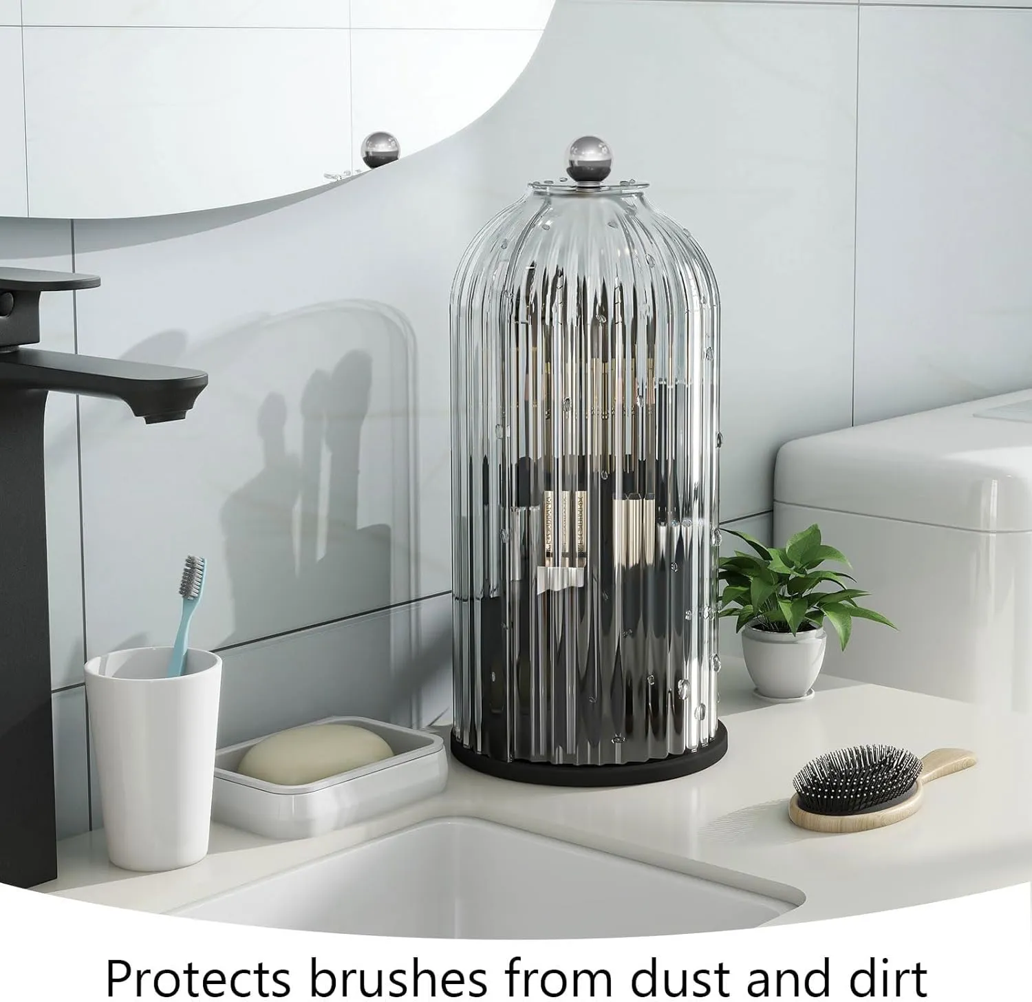 Makeup Brush Holder with Dustproof Cover 360 Rotating Makeup Brush Organizer for Vanity Bathroom, White/Black