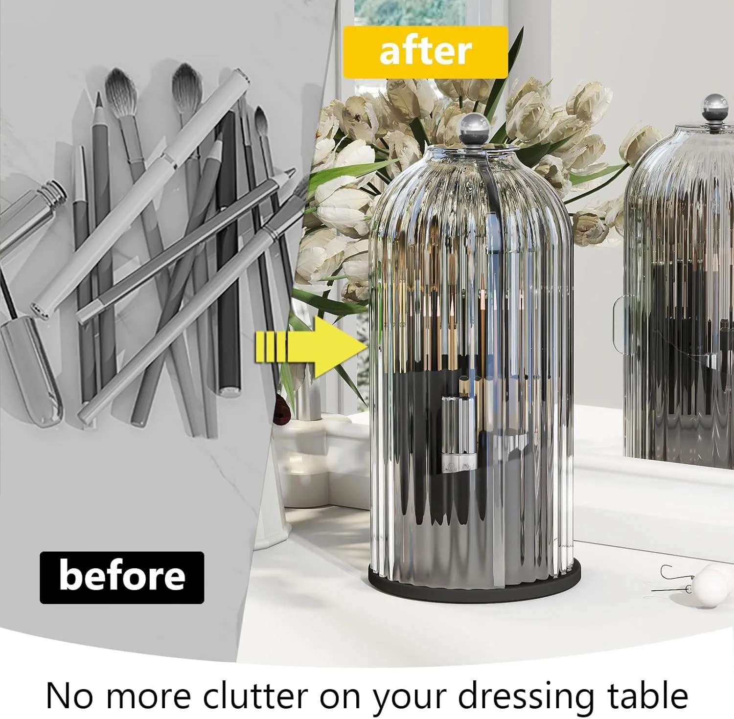 Makeup Brush Holder with Dustproof Cover 360 Rotating Makeup Brush Organizer for Vanity Bathroom, White/Black