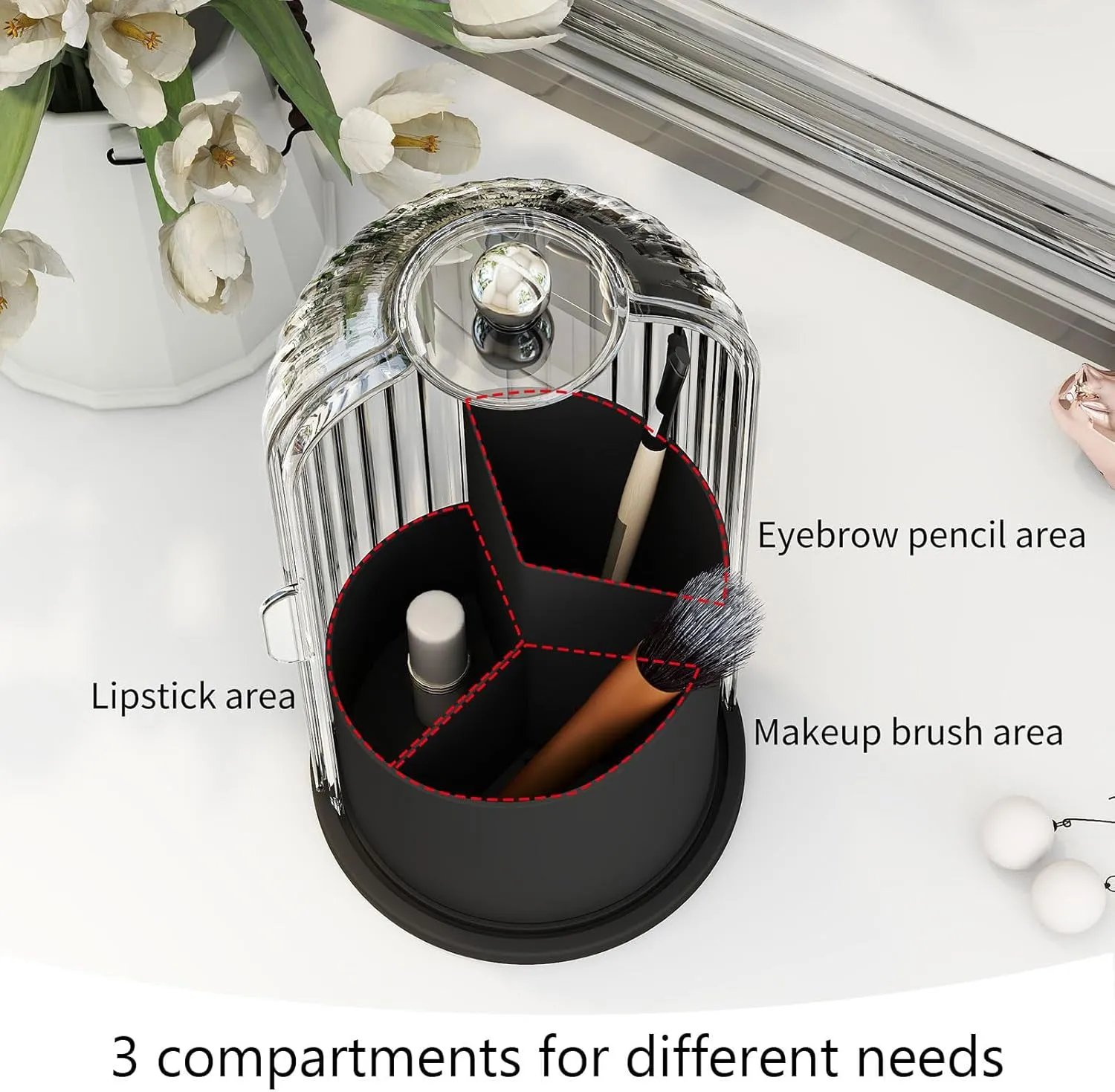 Makeup Brush Holder with Dustproof Cover 360 Rotating Makeup Brush Organizer for Vanity Bathroom, White/Black