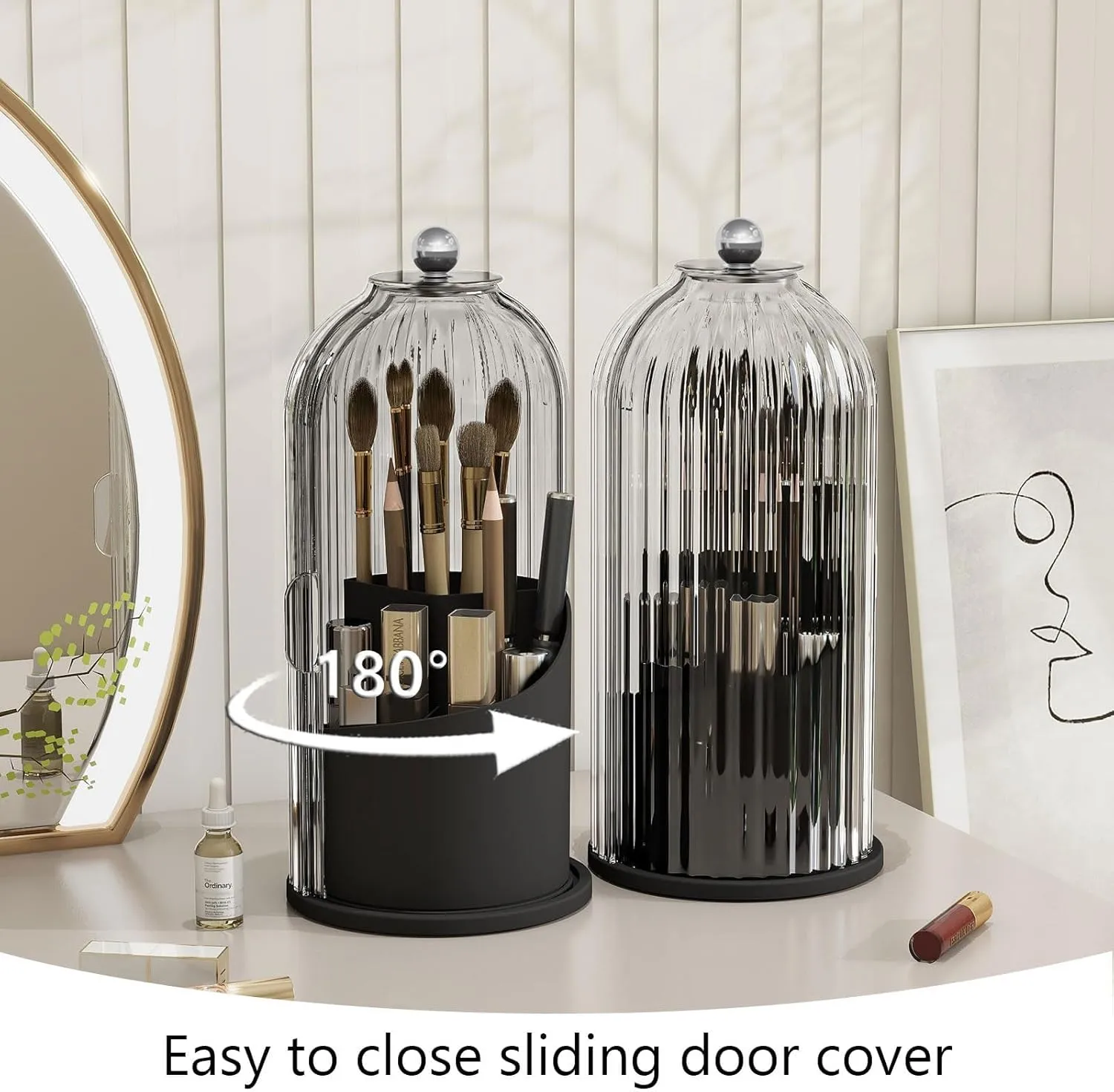 Makeup Brush Holder with Dustproof Cover 360 Rotating Makeup Brush Organizer for Vanity Bathroom, White/Black